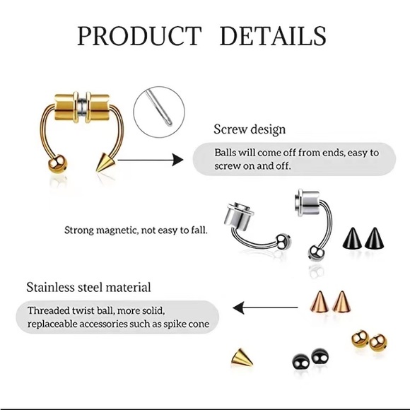 🆕Magnetic Nose Septum Ring (Silver) with 2 sets of ends (ball and spike) - Picture 4 of 5